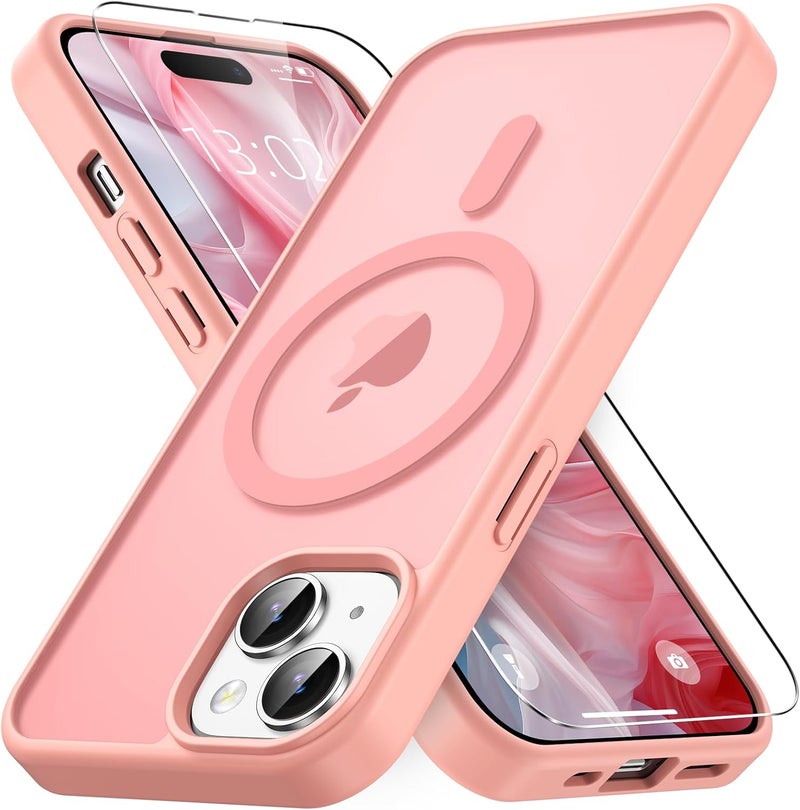 Vansdon Magnetic Case for iPhone 15 with 1-Pack Tempered Glass Screen Protector, Compatible with MagSafe, Military-Grade Drop Protection, Slim Translucent Matte Shockproof Case - Light Pink - Image 1