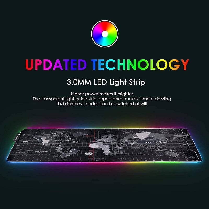 Speed وسادة ماوس للألعاب RGB، قاعدة مطاطية غير قابلة للانزلاق، وسادة مكتب للوحة المفاتيح مضيئة 14 وضع LED - خريطة العالم كبيرة LED - 78 × 30 سم - Image 3