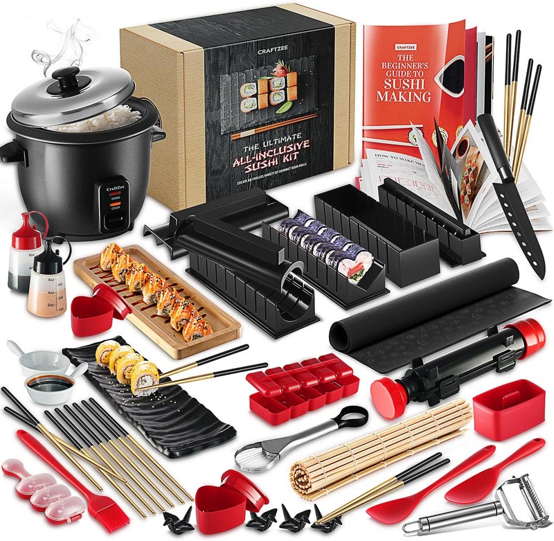 CraftZee All-Inclusive 𝗣𝗥𝗘𝗠𝗜𝗨𝗠 Sushi Making Kit for Beginners & Professionals - Sushi Maker with Rice Cooker, Reusable Chopsticks, Bazooka, Sushi Roller, Book - Sushi Kit for Family BPA-Free - Image 1
