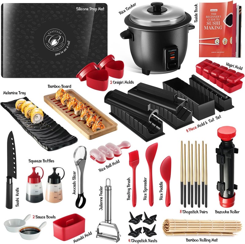 CraftZee All-Inclusive 𝗣𝗥𝗘𝗠𝗜𝗨𝗠 Sushi Making Kit for Beginners & Professionals - Sushi Maker with Rice Cooker, Reusable Chopsticks, Bazooka, Sushi Roller, Book - Sushi Kit for Family BPA-Free - Image 2