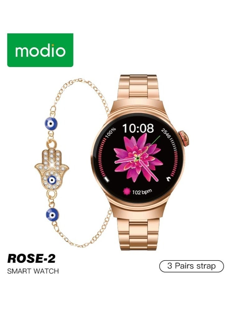 modio ROSE-2 Luxury Smartwatch for Women with Touchscreen Display, Fitness & Health Tracking, Heart Rate Monitor, Sleep Tracking, Stylish Design with Bonus Evil Eye Bracelet - Image 1