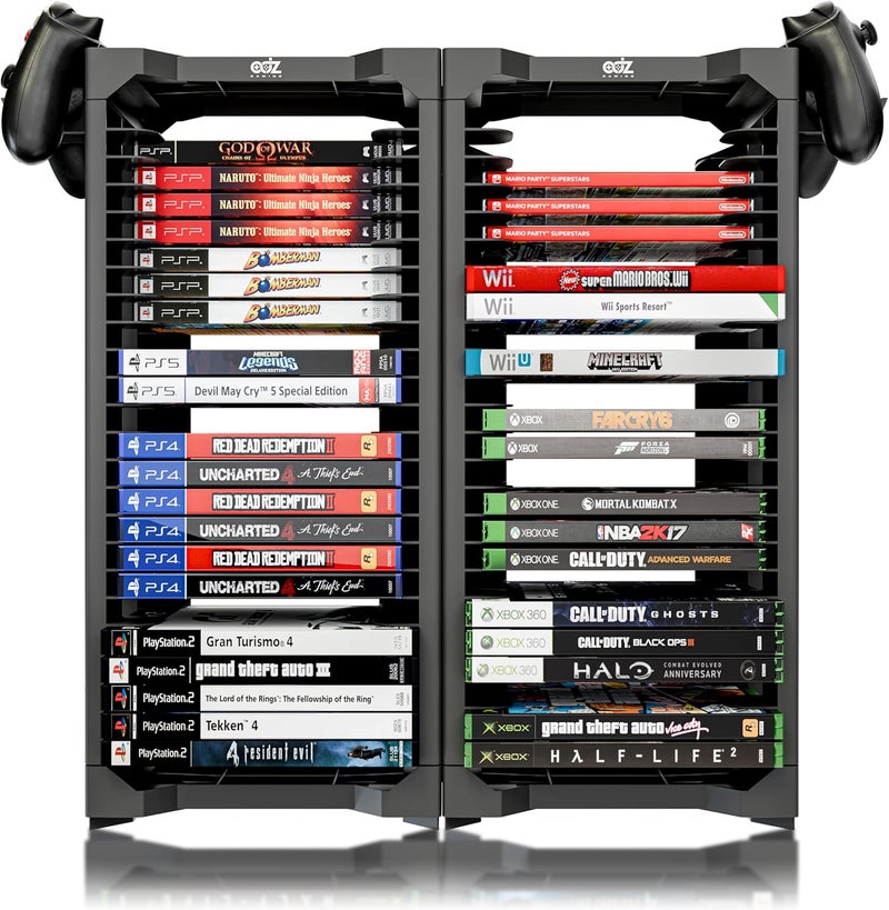 ADZ Universal Game Holder – 46 Game Storage Tower Rack for PS2 PS3 PS4 PS5 PSP Xbox 360 Xbox One Series X Wii Switch Games DVD and Blu-Ray Disks. Includes 2 Controller Mounts Black - Image 3