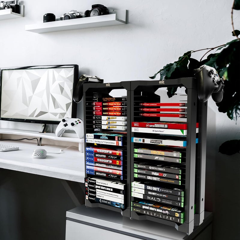 ADZ Universal Game Holder – 46 Game Storage Tower Rack for PS2 PS3 PS4 PS5 PSP Xbox 360 Xbox One Series X Wii Switch Games DVD and Blu-Ray Disks. Includes 2 Controller Mounts Black - Image 2