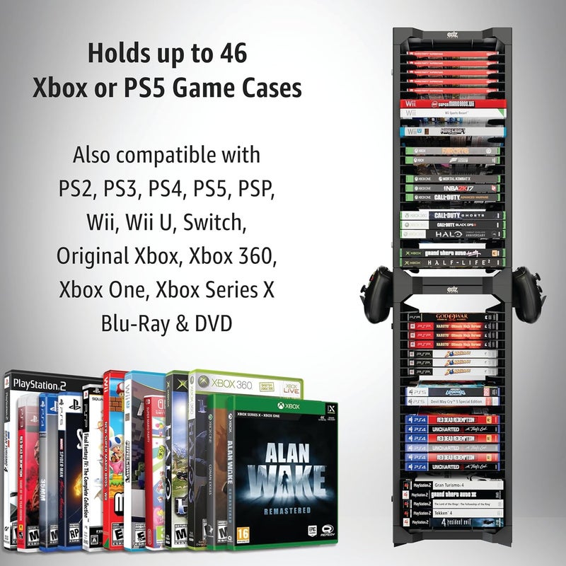 ADZ Universal Game Holder – 46 Game Storage Tower Rack for PS2 PS3 PS4 PS5 PSP Xbox 360 Xbox One Series X Wii Switch Games DVD and Blu-Ray Disks. Includes 2 Controller Mounts Black - Image 4