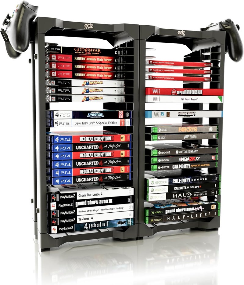 ADZ Universal Game Holder – 46 Game Storage Tower Rack for PS2 PS3 PS4 PS5 PSP Xbox 360 Xbox One Series X Wii Switch Games DVD and Blu-Ray Disks. Includes 2 Controller Mounts Black - Image 1