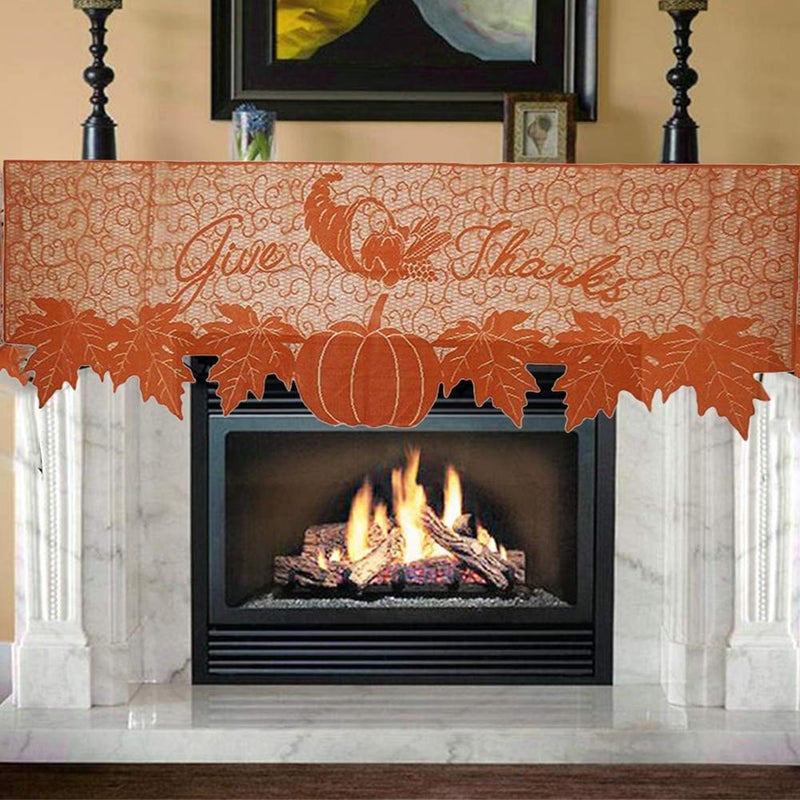 DoubleWood 20x60 Thanksgiving Decor Fireplace Scarf Fireplace Cloth Pumpkin Lace Table Runner Fall Runner Mantle Scarves Cover for Thanksgiving Table Window Decoration Fireplace Scarf Mantle Cover