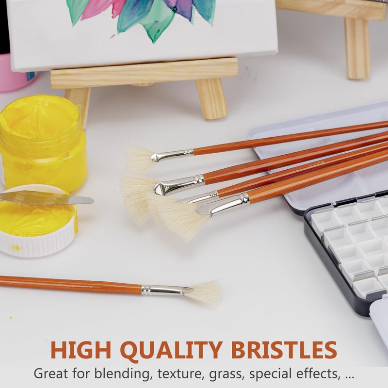 DUGATO Artist Fan Paint Brush Set of 7, White Hog Bristle Natural Hair Anti-Shedding Brush Tips, Long Wooden Handle for Comfortable Holding, Great for Acrylic Oil Painting - Image 2