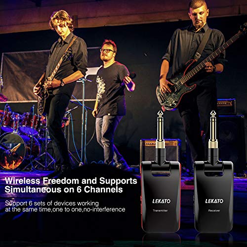 LEKATO Wireless Guitar System 2.4GHz Rechargeable Audio Wireless Transmitter Receiver 6 Channels for Guitar Bass Electric Instruments, Stereo and Mono 1/4” & 1/8” 2 in 1 Plugs,Black(WS-60) - Image 5
