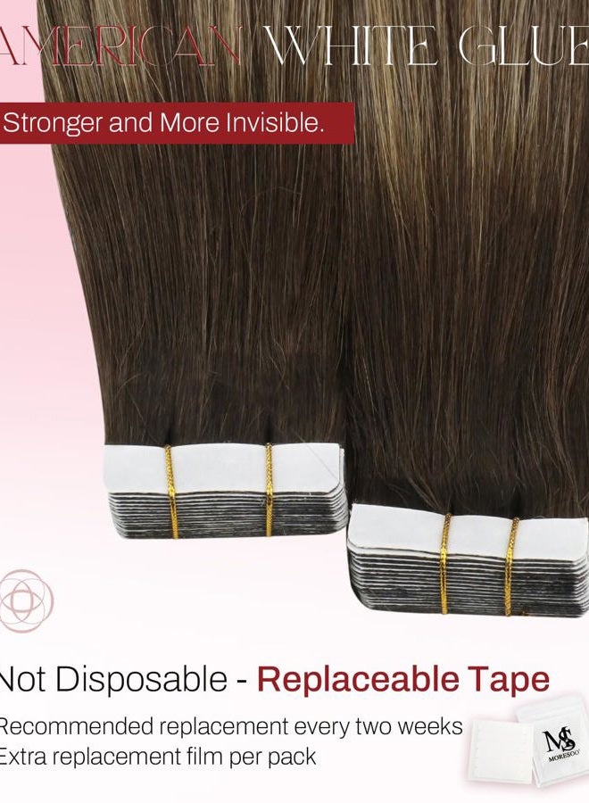 Moresoo إضافات شعر بشريط أومبري بشري بلون بني إلى كراميل بلوند مع شريط بني في شعر حقيقي أومبري بشري إضافات شعر لاصقة ريمي 20 بوصة #4/27/4 20 قطعة 50 جرام - Image 3