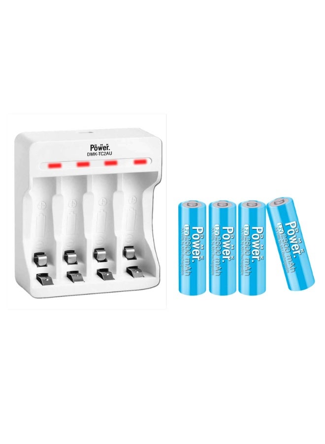 4 pieces AA Rechargeable 2800mAh BLUE Color 1.2V NiMH Low Self Discharge with 4 Independent Slot USB Charger