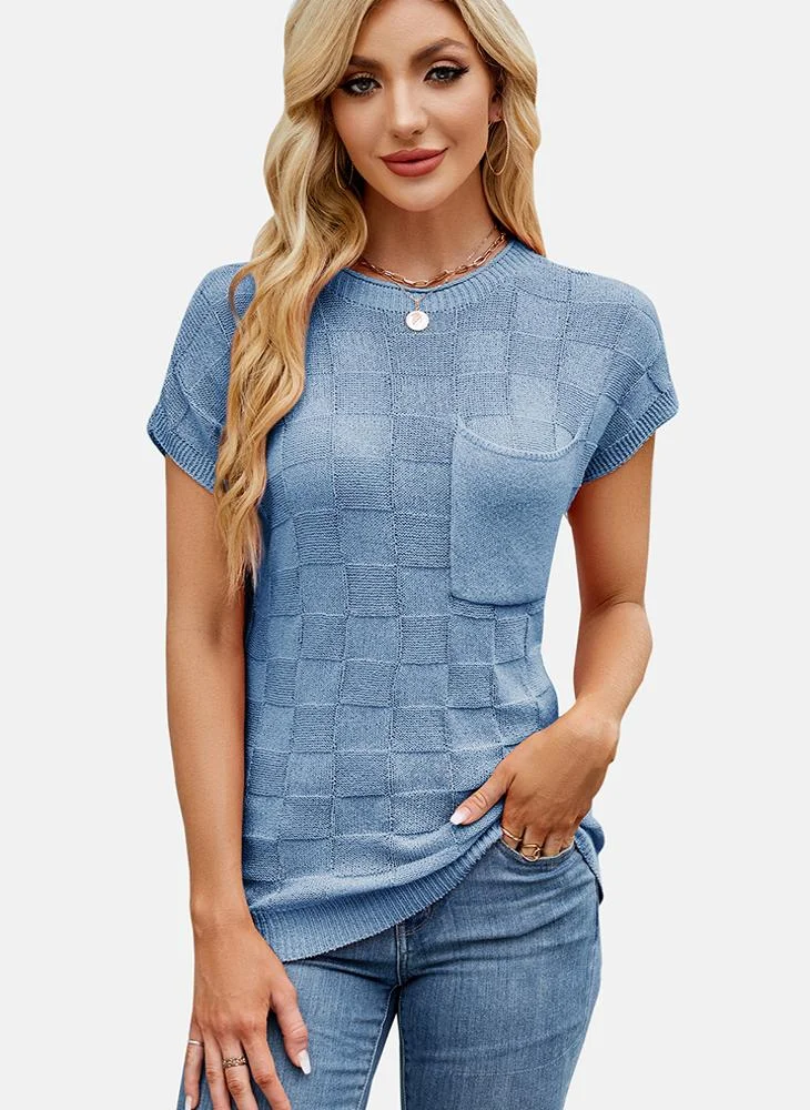 يونيكي Blue Round Neck Printed Top