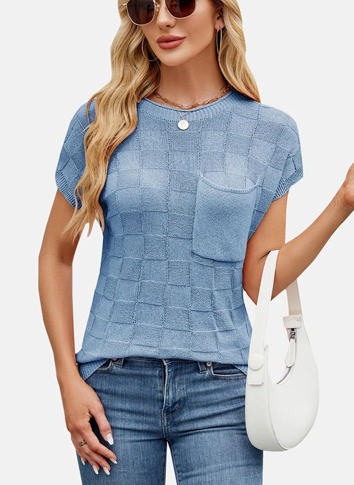 يونيكي Blue Round Neck Printed Top