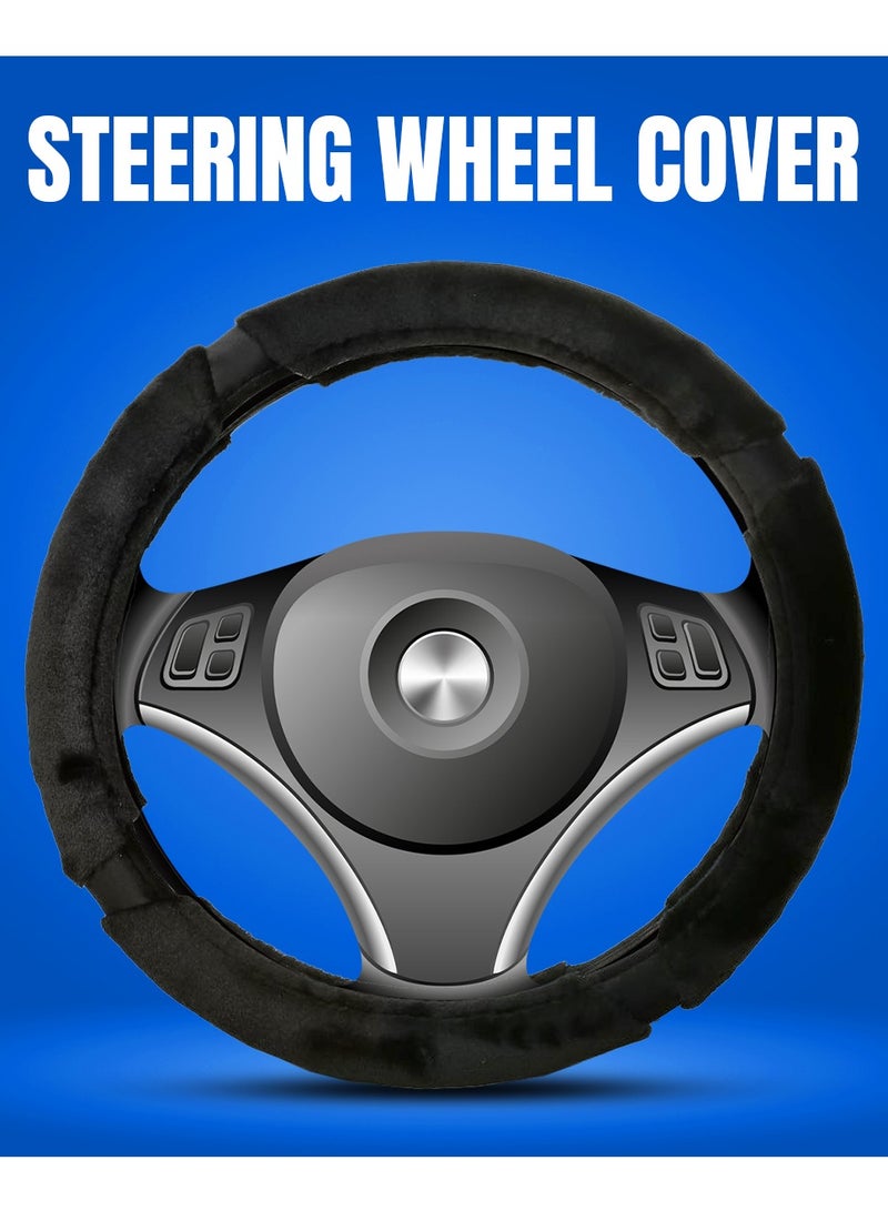 Agc Luxurious Fluffy Fur Steering Wheel Cover - Premium Smooth Fur, Universal Fit 38cm Medium Size BLACK - Image 1