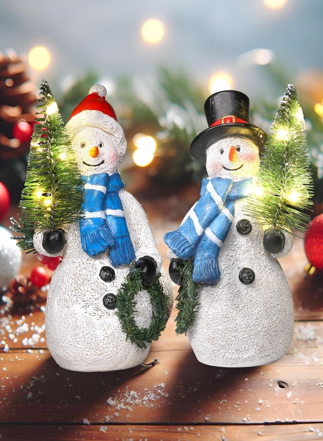 GoGnome Duo 5'' Resin Snowman Figurines with Lighted Christmas Tree Wreath - Christmas Decorations Indoor Snowman Decor Ornaments Centerpiece - Winter Holiday (Snowmen) - Image 1
