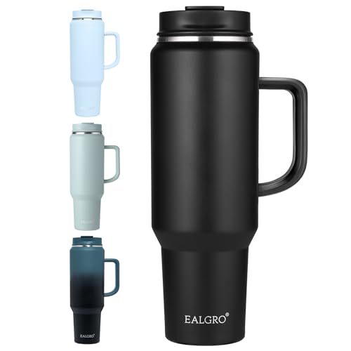 EALGRO 50 oz Tumbler with Handle, Insulated Tumblers with Lid and Straw, Large Metal Sports Water Bottle Jug, Thermal Stainless Steel Travel Coffee Mug Cup, Black - Image 1