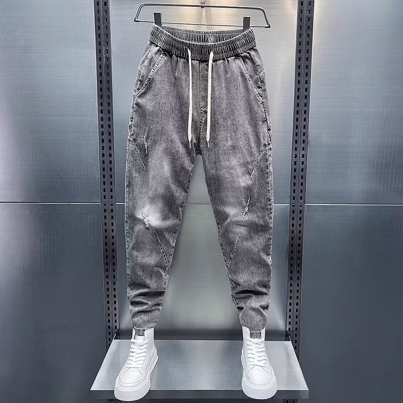 New Trendy Korean Style Mens Jeans Nine Point Shorts With Patchwork Hip Hop Slim Fit Aged Stylish Denim Pants Gray 