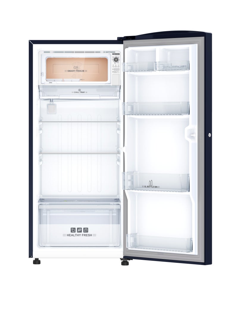 IFB 213L Single Door Direct Cool Refrigerator – Cobalt Blue.   Reliable cooling meets modern design with the IFB 213L Direct Cool Single Door Refrigerator. Fast ice-making, durable glass shelves, XL bottle storage, and up to 30 days freshness with Quadra Crisper technology. Ideal for singles and small families.  - Image 4