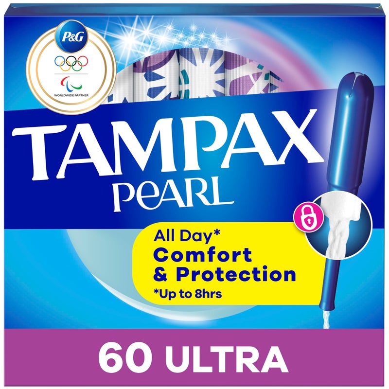 Tampax Pearl Tampons for Women, with LeakGuard Braid, Ultra Absorbency, Unscented, 60 Count - Image 1