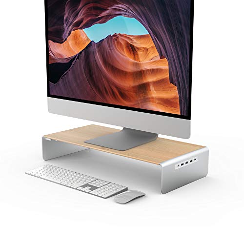 j5create Wooden Monitor Stand with USB Type C/HDMI Docking Station - USB 3.1 C to C Cable Included - Handmade Wood Panel with Aluminum Riser for Computer Screens, Laptops, TV - Image 1