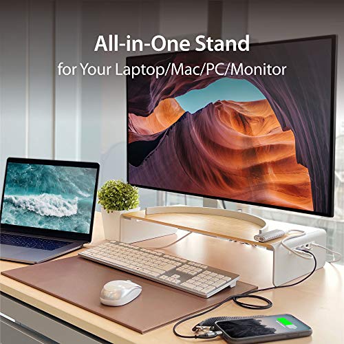 j5create Wooden Monitor Stand with USB Type C/HDMI Docking Station - USB 3.1 C to C Cable Included - Handmade Wood Panel with Aluminum Riser for Computer Screens, Laptops, TV - Image 2