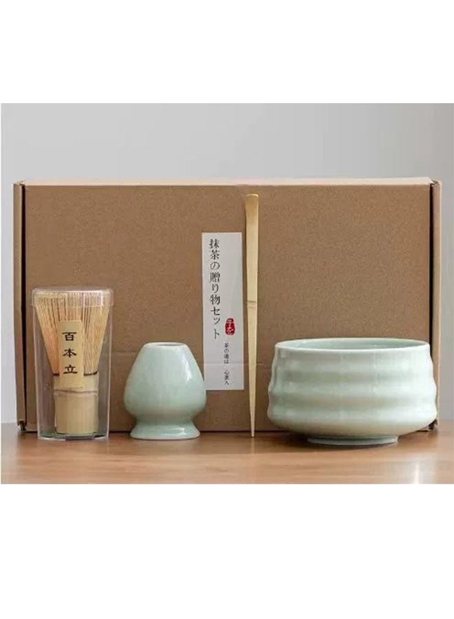 4 Pcs Matcha Set Kit with Premium Quality Ceramic, Tea Scoop Whisk Ceramic Holder, 4 Pieces Traditional Matcha Kit(Green) - Image 1