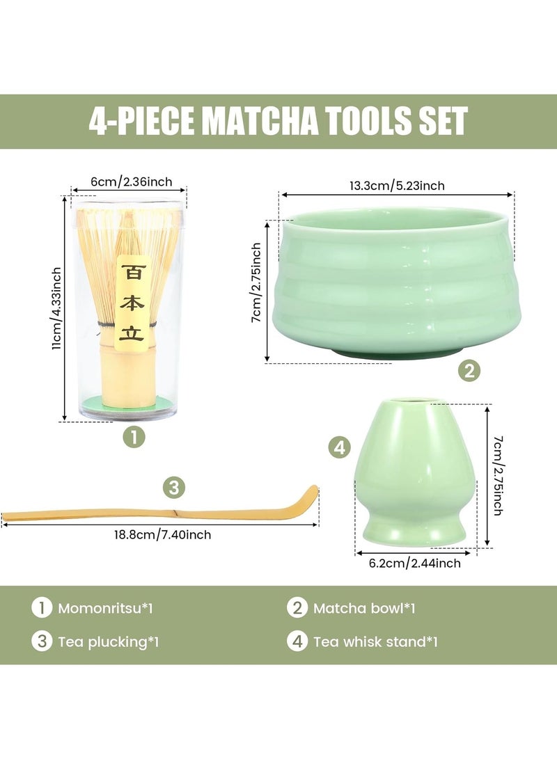 4 Pcs Matcha Set Kit with Premium Quality Ceramic, Tea Scoop Whisk Ceramic Holder, 4 Pieces Traditional Matcha Kit(Green) - Image 2