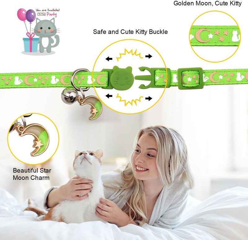 Baeuppit 2PCS Breakaway Cat Collars with Bell Cute Kitty Glow in The Dark Adjustable Kitten Collars 6.9-10.7 Inch(Green&Black) - Image 3