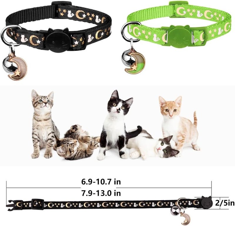 Baeuppit 2PCS Breakaway Cat Collars with Bell Cute Kitty Glow in The Dark Adjustable Kitten Collars 6.9-10.7 Inch(Green&Black) - Image 5