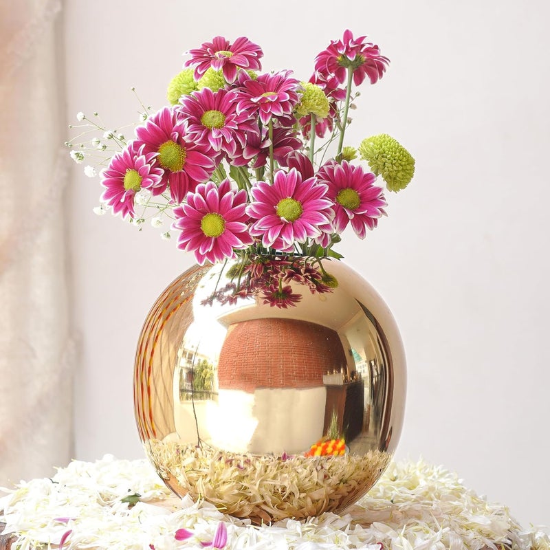 BEHOMA Metal Ball Round Flower Vase for Home DecorTable Decorative Item for Bedroom Living Room Office Wedding Best Gift for Birthday Anniversary Festival Valentines Day Gold Small - Image 1
