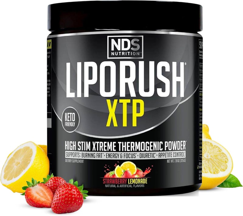 LIPORUSH NDS Nutrition XTP حارق الدهون الحراري مع L-Carnitine طاقة وتركيز وتحكم في الشهية مسحوق حارق الدهون الحراري الشديد لفقدان الوزن بنكهة الليمون بالفراولة 45 حصة - Image 1