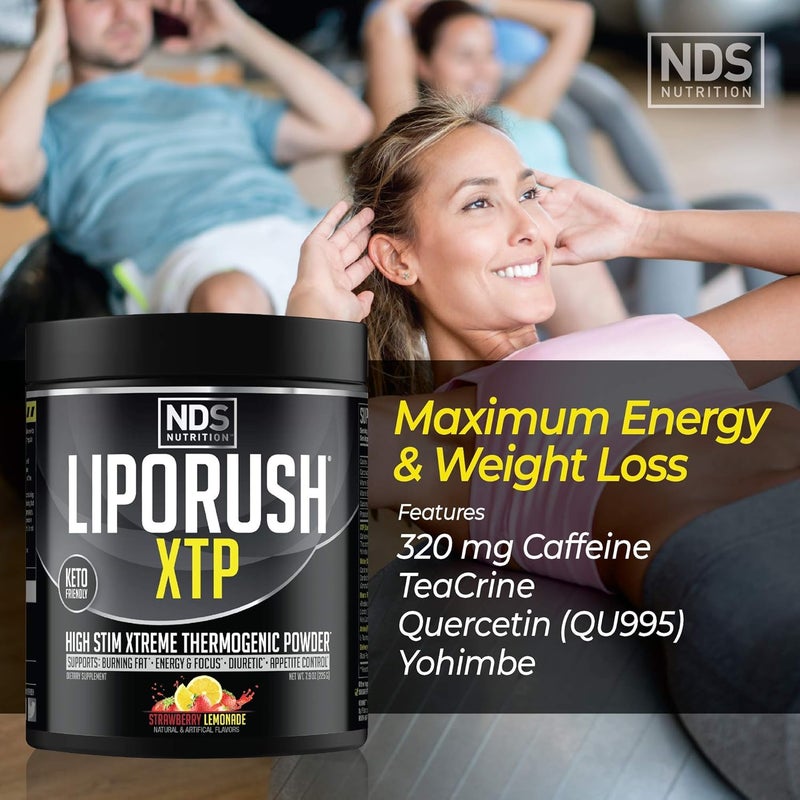 LIPORUSH NDS Nutrition XTP حارق الدهون الحراري مع L-Carnitine طاقة وتركيز وتحكم في الشهية مسحوق حارق الدهون الحراري الشديد لفقدان الوزن بنكهة الليمون بالفراولة 45 حصة - Image 3