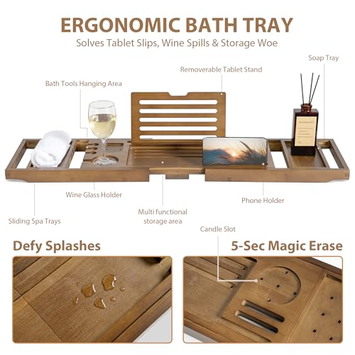 Realgulf Bamboo Bathtub Tray Caddy - Splash-Proof Adjustable (28.5-40") with Wine Holder, Tablet Stand & Non-Slip Grip | Spa-Grade Organizer for Bath Essentials & Reading- Walnut - Image 2