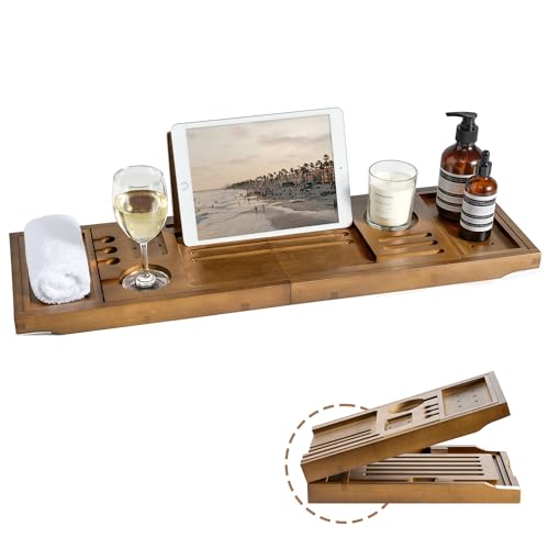 Realgulf Bamboo Bathtub Tray Caddy - Splash-Proof Adjustable (28.5-40") with Wine Holder, Tablet Stand & Non-Slip Grip | Spa-Grade Organizer for Bath Essentials & Reading- Walnut - Image 1