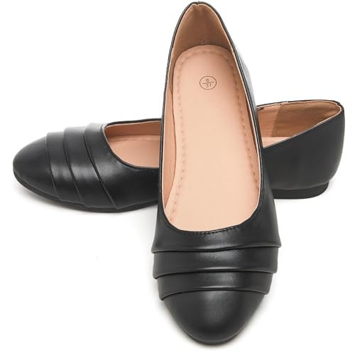 HEAWISH Women's Black Flats Shoes Round Toe Slip On Casual Ballet Flats PU Leather Dressy Work Shoes(Black,US8) - Image 1