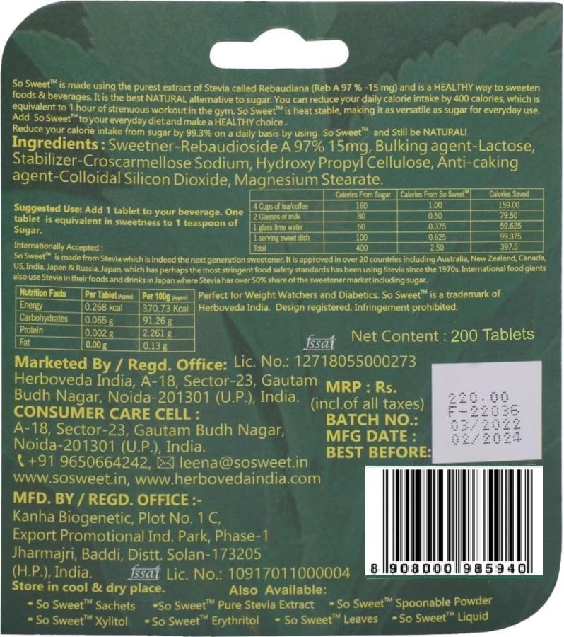 So Sweet Stevia 300 Tablets Sugar Free 100% Natural Plant Based Sweetener | Sweet Like Sugar with Zero Calories (Pack of 2) (100+200Tablets Packs) - Image 3