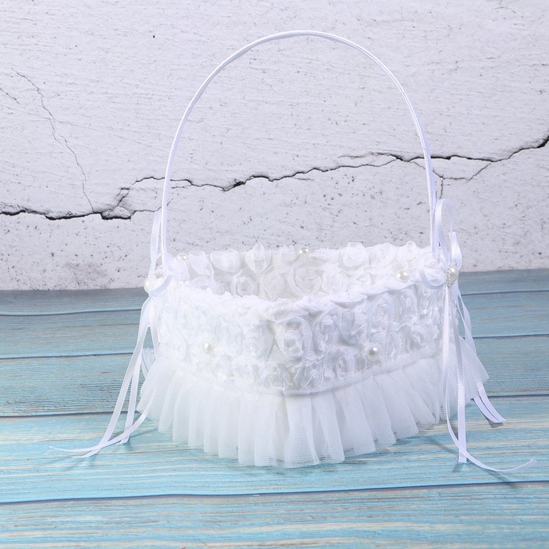 Romantic Heart Shape Flower Basket White Lifelike Rose Basket Elegant Flower Girl Basket Wedding Ceremony Supplies - Image 5