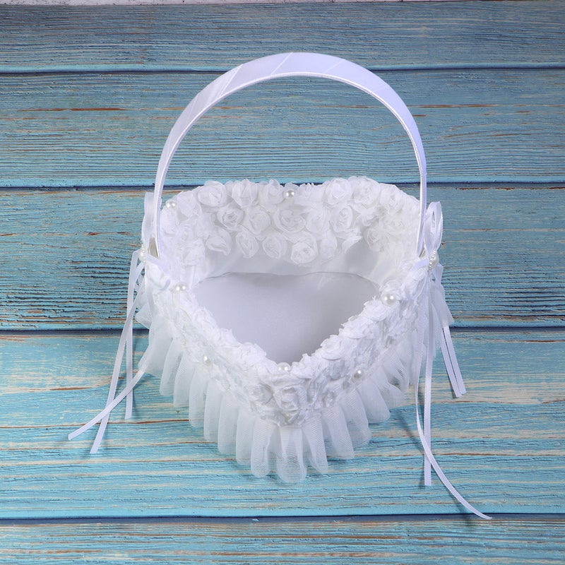 Romantic Heart Shape Flower Basket White Lifelike Rose Basket Elegant Flower Girl Basket Wedding Ceremony Supplies - Image 1