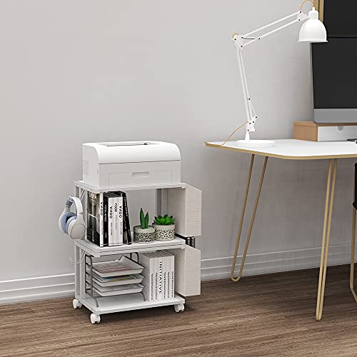 VEDECASA 2 Tier Modern White Wooden Under Desk Printer Stand with Storage Bag for Home Office Desktop Printer Table Organizer Mobile Printer Shelf Cart with Caster Wheel (White) - Image 5