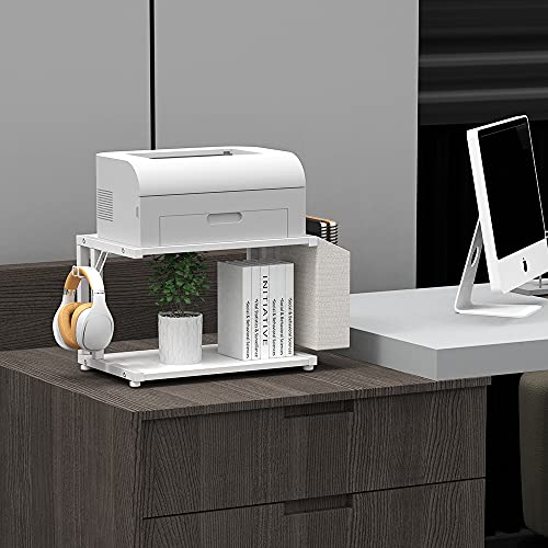 VEDECASA 2 Tier Modern White Wooden Under Desk Printer Stand with Storage Bag for Home Office Desktop Printer Table Organizer Mobile Printer Shelf Cart with Caster Wheel (White) - Image 2