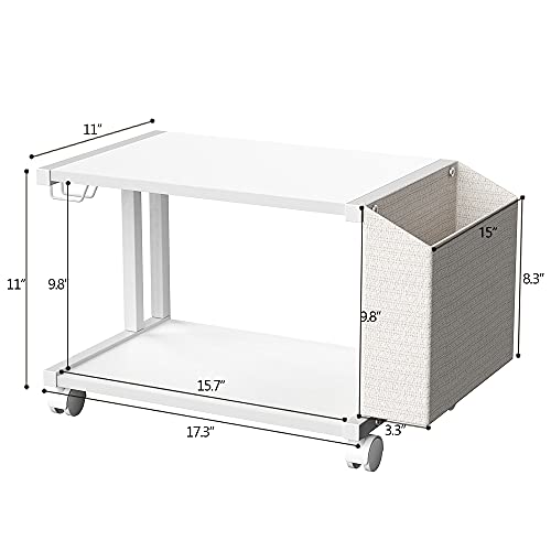 VEDECASA 2 Tier Modern White Wooden Under Desk Printer Stand with Storage Bag for Home Office Desktop Printer Table Organizer Mobile Printer Shelf Cart with Caster Wheel (White) - Image 4