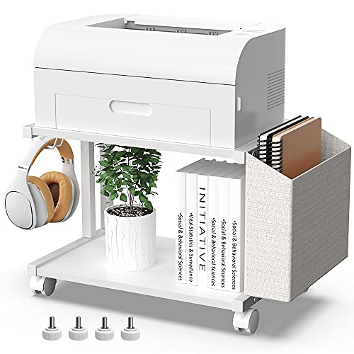 VEDECASA 2 Tier Modern White Wooden Under Desk Printer Stand with Storage Bag for Home Office Desktop Printer Table Organizer Mobile Printer Shelf Cart with Caster Wheel (White) - Image 1