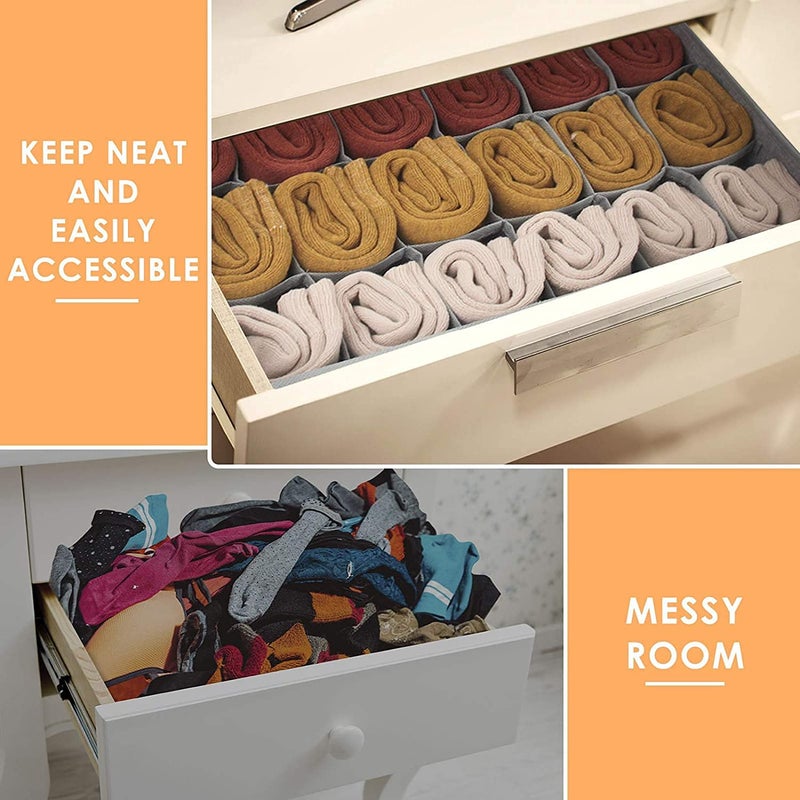 AR Mall AR Mall 2 Pack Sock Underwear Organizer with Linen Textured 24 Cell Collapsible Drawer Divider Closet Cabinet Storage Boxes for Storing Socks Lingerie Underwear Clothes Ties Belts GREY - Image 3