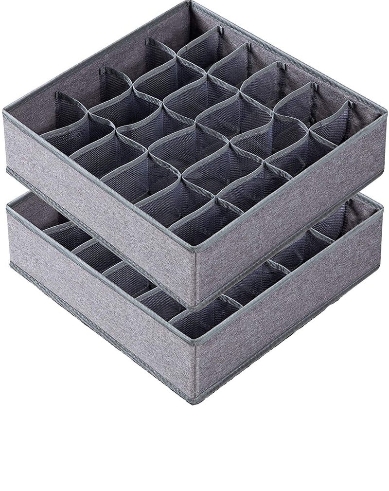 AR Mall AR Mall 2 Pack Sock Underwear Organizer with Linen Textured 24 Cell Collapsible Drawer Divider Closet Cabinet Storage Boxes for Storing Socks Lingerie Underwear Clothes Ties Belts GREY - Image 1
