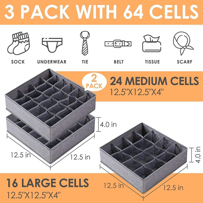 AR Mall AR Mall 2 Pack Sock Underwear Organizer with Linen Textured 24 Cell Collapsible Drawer Divider Closet Cabinet Storage Boxes for Storing Socks Lingerie Underwear Clothes Ties Belts GREY - Image 2