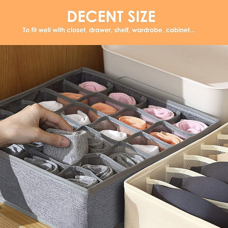 AR Mall AR Mall 2 Pack Sock Underwear Organizer with Linen Textured 24 Cell Collapsible Drawer Divider Closet Cabinet Storage Boxes for Storing Socks Lingerie Underwear Clothes Ties Belts GREY - Image 4