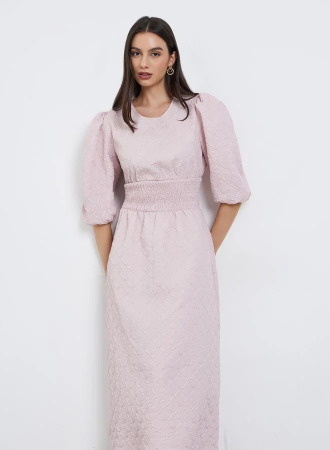 Take Two Take Two Pink Textured Puff Sleeve Midi Dress