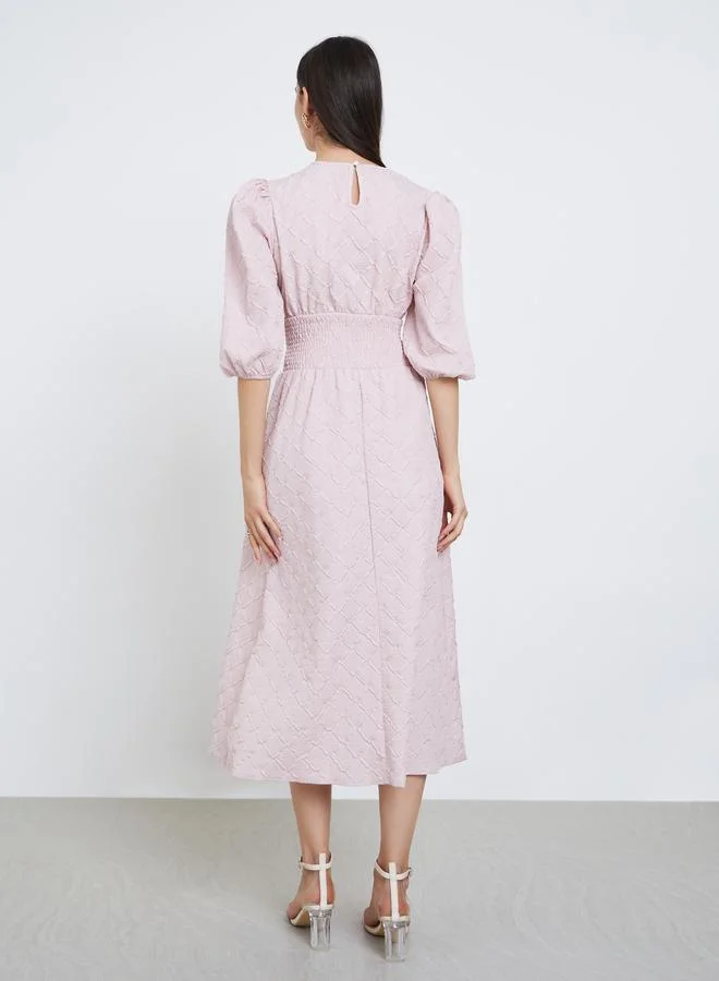 Take Two Take Two Pink Textured Puff Sleeve Midi Dress