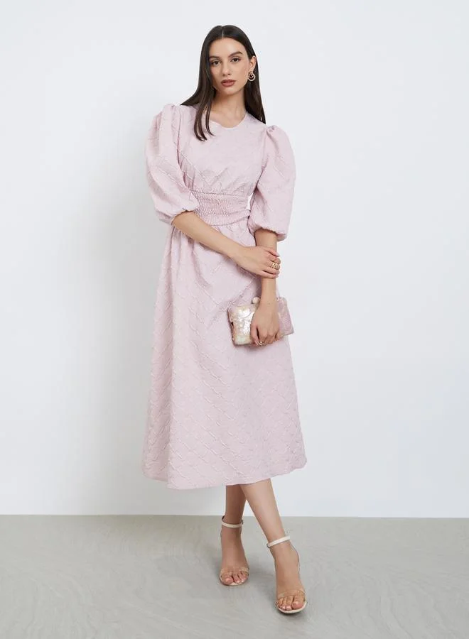 Take Two Take Two Pink Textured Puff Sleeve Midi Dress
