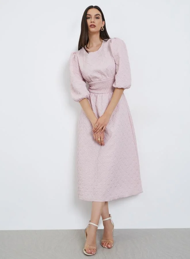 Take Two Take Two Pink Textured Puff Sleeve Midi Dress