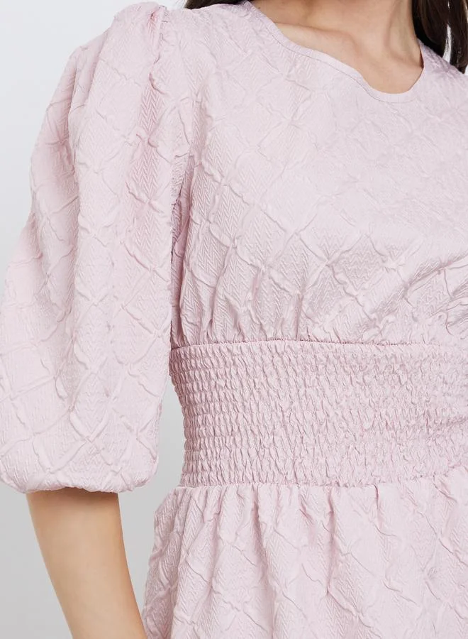 Take Two Take Two Pink Textured Puff Sleeve Midi Dress